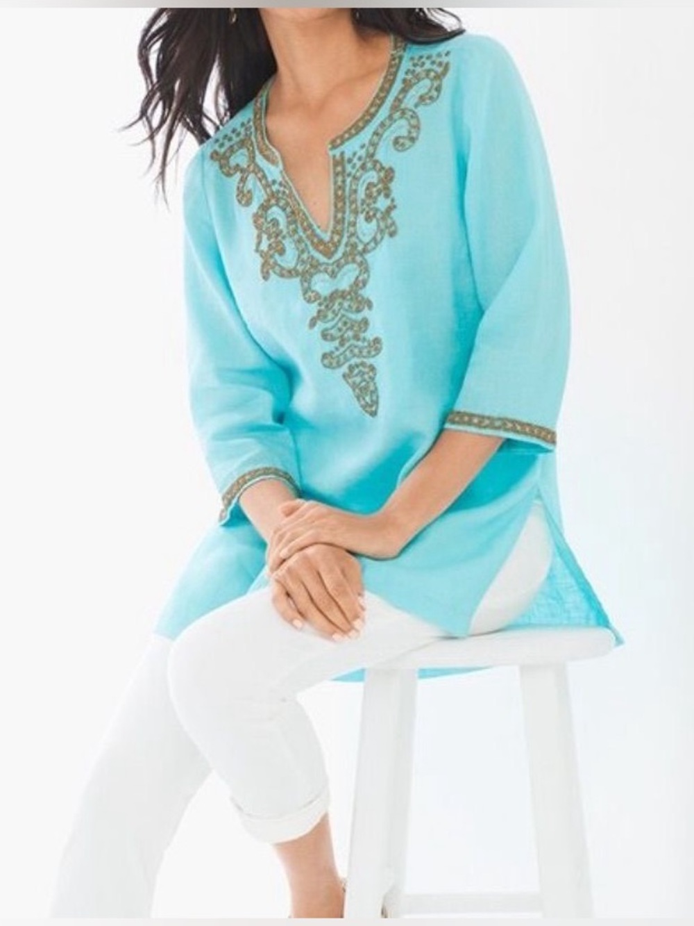CHICO'S Resort Summer Moroccan Size 0 Cool Linen Teal Blue Gold Beaded Tunic Top